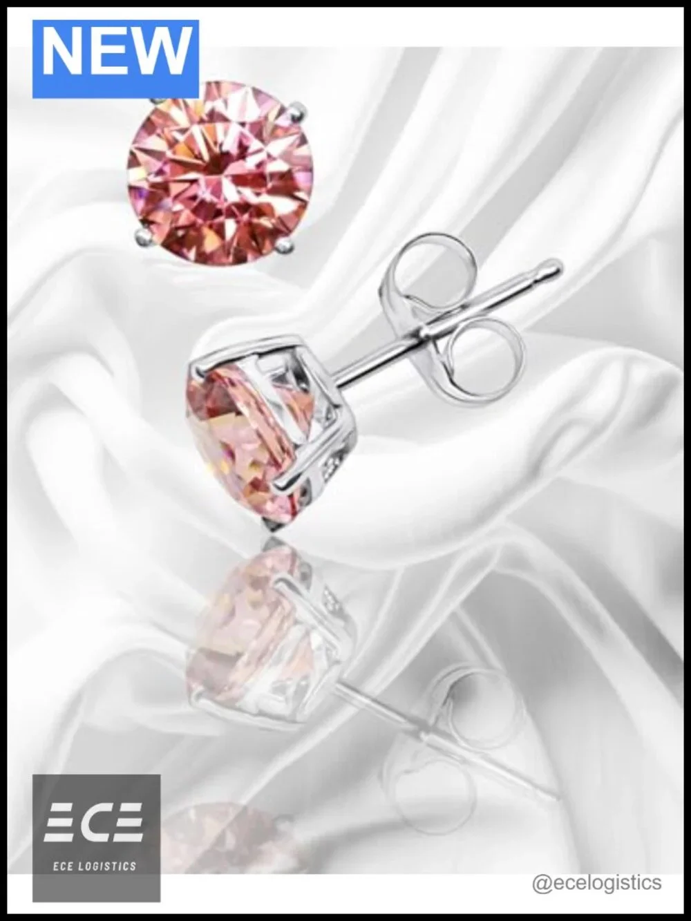 14K Solid White Gold Simulated Morganite Stud Earrings